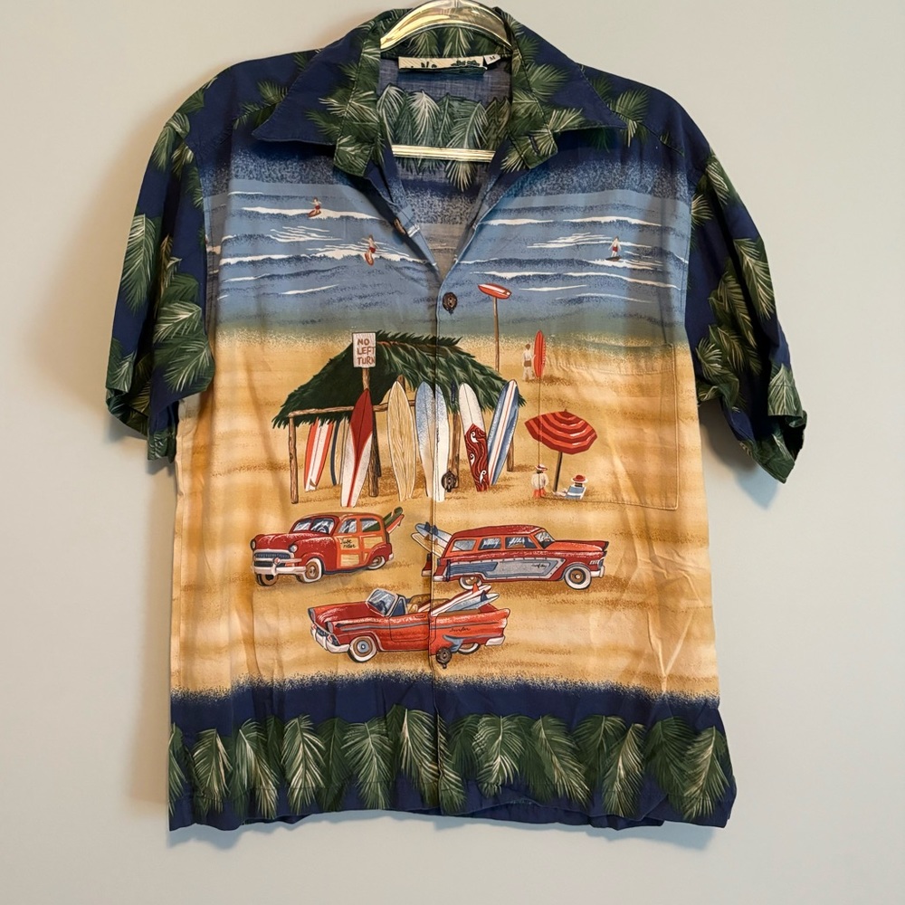 Koko Island Hawaiian Shirt Mens Medium Short Sleeve Tiki Hut Surf Boards Cars